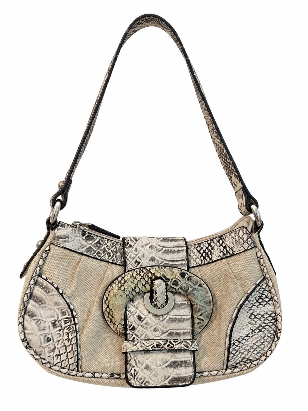 Neutral Beige Snake-Effect Shoulder Bag with Buckle Accent